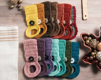 Kitchen Towel Hanger, Several Colors Available, Towel Holder with Button, Crochet Towel Ring Holder