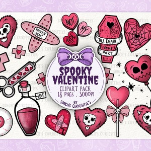 Conjunto de imágenes prediseñadas de San Valentín espeluznante (renovación de San Valentín gótico pastel), descarga digital imprimible y diario, archivos de pegatinas png, impresión bajo demanda