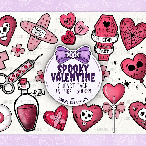 Spooky  valentine Clipart set (Pastel Goth Valentine revamp), printable digital download and  journaling, png sticker files, print on demand