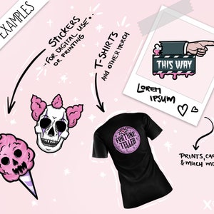 May include: A digital illustration set featuring a skull with pink hair, a pink cotton candy skull, a black t-shirt with a pink circle graphic that says "Fortune Teller", and a pink and black sign that says "This Way".