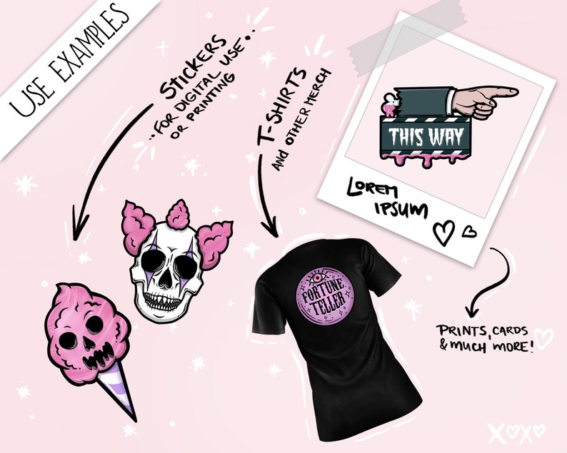 May include: A digital illustration set featuring a skull with pink hair, a pink cotton candy skull, a black t-shirt with a pink circle graphic that says "Fortune Teller", and a pink and black sign that says "This Way".