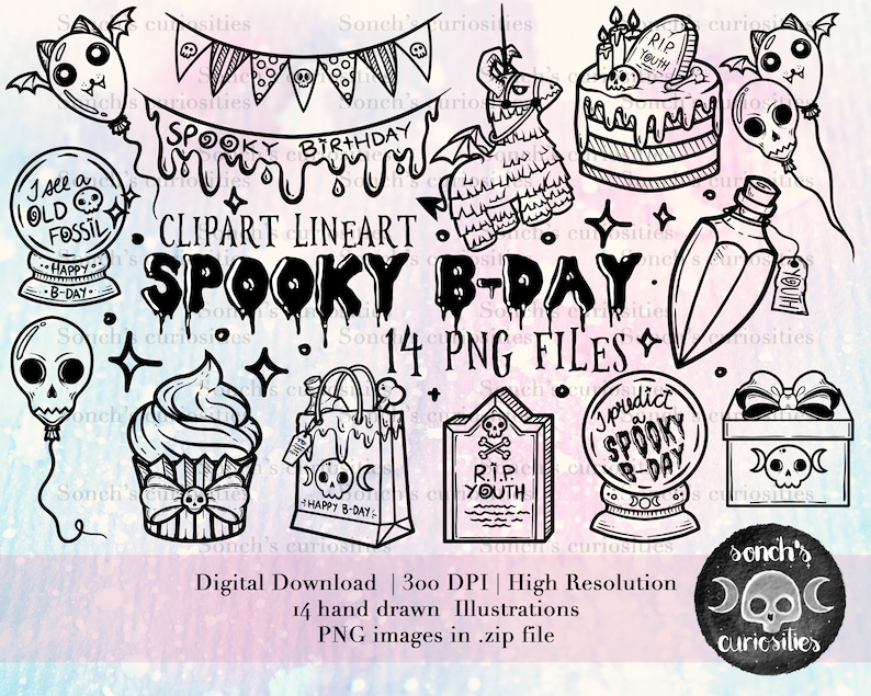 Spooky Birthday Line Art Clipart, Gothic Horror PNG (Digital Download)