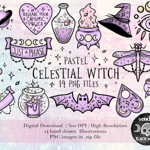 Pastel Celestial Witch Clipart set , printable digital download, PNG for digital journaling, stickers