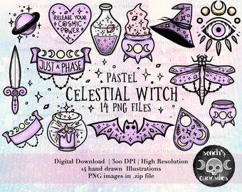 Pastel Celestial Witch Clipart set , printable digital download, PNG for digital journaling, stickers