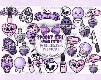 Kawaii & Spooky Girl Clipart set , pastel goth  printable digital download, PNG for digital journaling, stickers, prints