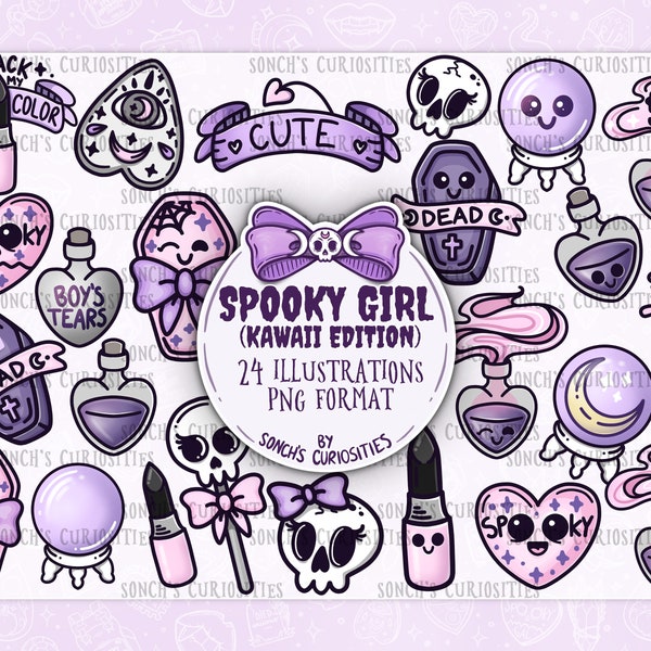 Ensemble de cliparts Kawaii & Spooky Girl, téléchargement numérique imprimable goth pastel, PNG pour la journalisation numérique, autocollants, impressions