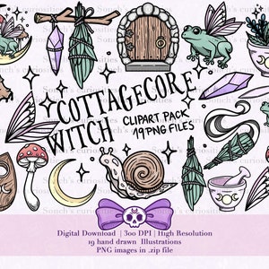 Puede incluir: Un paquete de clipart digital de 19 ilustraciones de brujas de estilo cottagecore. Las ilustraciones están dibujadas a mano y presentan una variedad de elementos caprichosos, incluyendo hongos, caracoles, cristales, una puerta, un mortero y un pilón, y una rana. Las ilustraciones son de estilo vintage y son perfectas para agregar un toque de magia a tus proyectos.