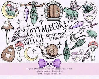 Cottagecore witch clipart  , printable digital download, PNG for digital journaling, stickers, woodland Wicca