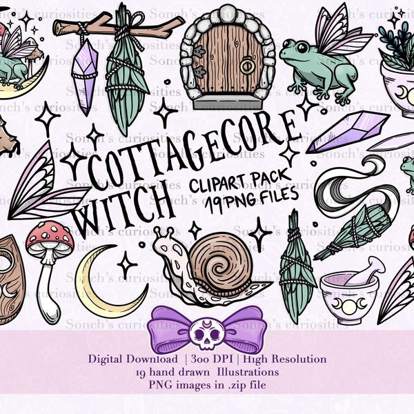 Cottagecore witch clipart  , printable digital download, PNG for digital journaling, stickers, woodland Wicca