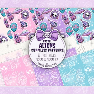 May include: Eight pastel colored seamless patterns featuring aliens, spaceships, and stars. The patterns are in shades of pink, blue, and purple. The text "Pastel Aliens (Seamless Patterns)" is in a purple banner with a skull and bow.