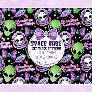 May include: A seamless pattern featuring a space babe theme with green aliens, astronaut helmets, bows, and the text "Greetings Earthlings".