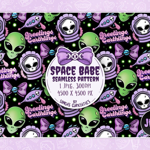 Aliens / space Digital Paper / seamless pattern, Pastel goth elements, spooky and cute jpg files