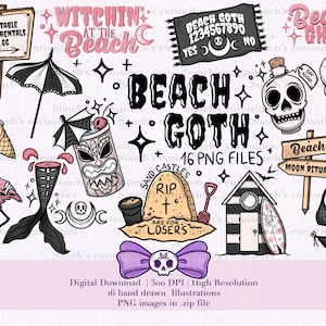 Conjunto de imágenes prediseñadas góticas de playa / verano, descarga digital imprimible, PNG para diario digital, pegatinas