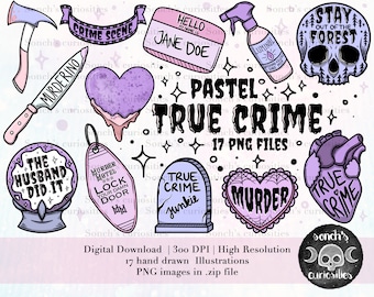 Pastel TRUE CRIME Clipart set , printable digital download, PNG resource for creatives