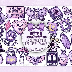 Clipart de bruxa Kawaii, download digital para impressão, PNG para diário digital, adesivos, cartas de tarô, Wicca