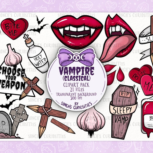 Classic Vampire Clipart set , printable digital download, PNG for digital journaling, stickers