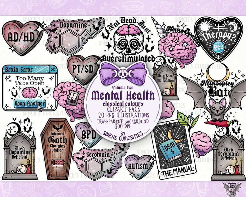 Mental Health 2- Neurodivergent goth, printable digital download, PNG for engraving, mould making, stickers and more