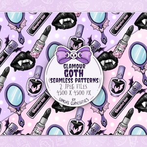 Glamour Goth Makeup Digital Paper / patrón sin costuras, elementos de tocador gótico pastel, archivos jpg espeluznantes y lindos
