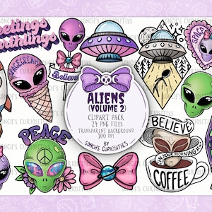 Aliens / UFO , pastel goth clipart / horror / gothic elements, 24 High resolution  300 DPI PNG files, digital planner art