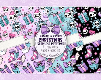 May include: Eight digital seamless patterns featuring a kawaii and pastel Christmas theme. The patterns include skulls, candy canes, bats, snowflakes, stockings, presents, and bells. The patterns are in pink, blue, black, and white.