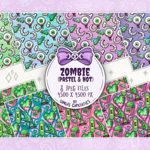 Peut inclure: Huit motifs numériques de papier sur le thème des zombies dans des couleurs pastel et rose vif. Les motifs comprennent des yeux, des os, des mouches, des cœurs et des cartons de lait. Chaque motif mesure 4500 x 4500 pixels.