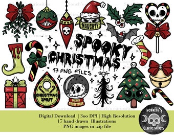 May include: A set of 17 spooky Christmas illustrations featuring a variety of festive and macabre imagery, including a skull-shaped candy cane, a Christmas tree with googly eyes, a present with a spider web, and a Ouija board with the words "Summon the Christmas Spirit".