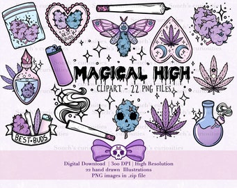 Magical High  Clipart set , printable digital download, PNG for digital journaling, stickers, plant power