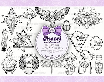 May include: A set of 15 black and white line art illustrations of insects and forest elements. The illustrations include a moth, dragonfly, beetle, mushroom, and a tea bag with a mushroom inside. The text "Insect and the forest" is in a retro font.