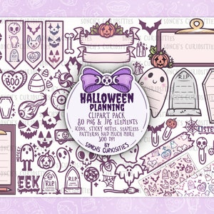 Könnte beinhalten: Ein digitales Clipart-Paket für die Halloween-Planung mit 80 PNG- und JPG-Elementen. Das Paket enthält Symbole, Haftnotizen, nahtlose Muster und vieles mehr. Das Clipart ist in einem lila und weißen Farbschema mit einem gruseligen und niedlichen Thema gehalten. Der Text "Halloween-Planung" ist in einem lila Banner mit einer weißen Schleife dargestellt.