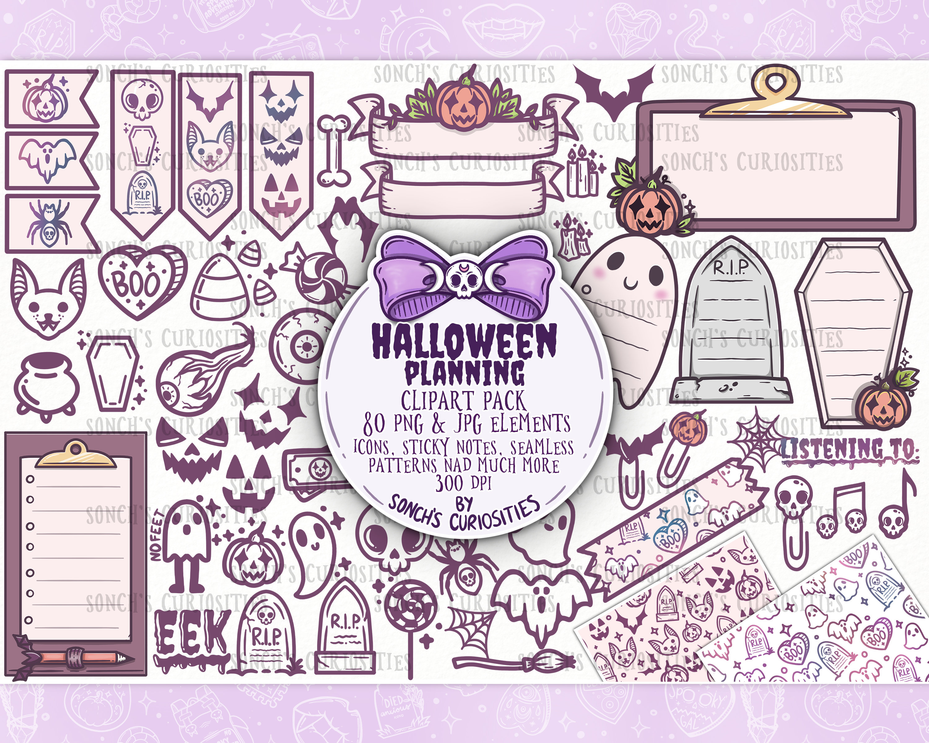 Halloween planning  - digital planner clipart, icons with sticky notes, pastel goth style