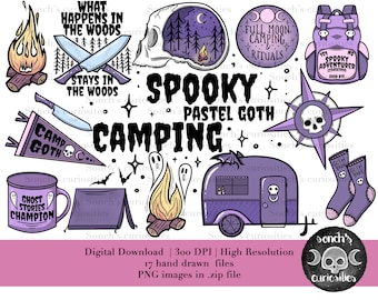 Spooky camping , pastel goth clipart / horror / gothic elements, 15 High resolution  300 DPI PNG files, digital planner art