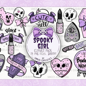 Spooky Girl Clipart set, afdrukbare digitale download, PNG voor digitale journaling, stickers