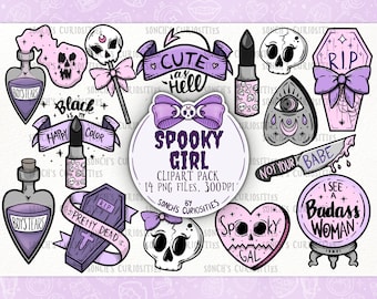 Spooky Girl Clipart set , printable digital download, PNG for digital journaling, stickers