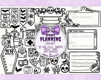 Spooky planning -  LINEART - digital planner clipart, icons with sticky notes, pastel goth style, engraving line work