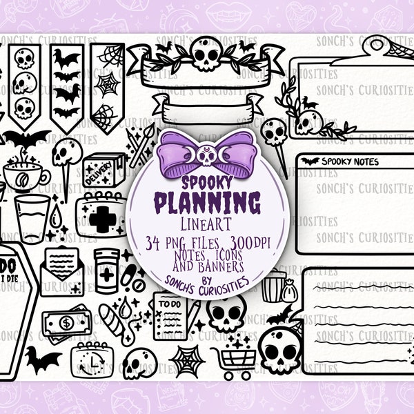 Spooky planning -  LINEART - digital planner clipart, icons with sticky notes, pastel goth style, engraving line work