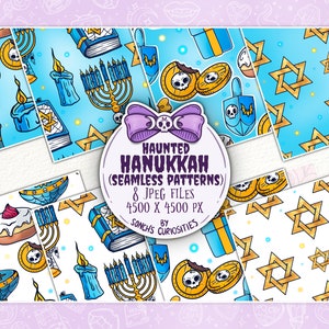 Papier numérique Hanukkah hanté / motif sans couture, éléments effrayants de la fête juive, toiles d'araignées et fichiers jpg de crânes