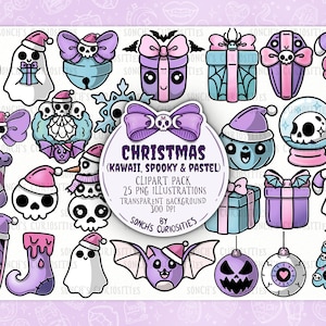 Kawaii e carino clipart natalizio - edizione goth pastello, elementi disegnati a mano, 25 file PNG ad alta risoluzione 300 DPI, arte pianificatore digitale