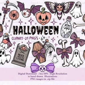 May include: A set of 21 Halloween themed digital clipart images. The images include ghosts, pumpkins, bats, coffins, bows, bones, a potion bottle, a tombstone, a scythe, and a moth. The images are in a cartoon style and are perfect for use in digital projects.
