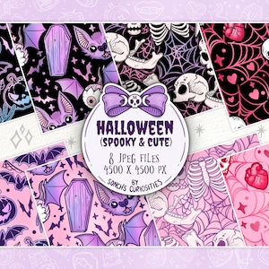 Straszny i uroczy papier cyfrowy na Halloween / bezszwowy wzór, elementy gotyckie w stylu pastelowym, dynie, czaszki i kości pliki jpg