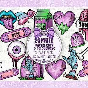 Zombie - warm en koud pastel goth palet - clipart pack, afdrukbare digitale download, PNG voor digitale journaling, stickers
