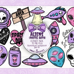 Pastel aliens / UFO , pastel goth clipart / horror / gothic elements, 14 High resolution  300 DPI PNG files, digital planner art