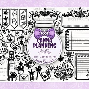Cannabis planning Lineart - digital planner clipart, icons with sticky notes, pastel goth style, stoner image 1