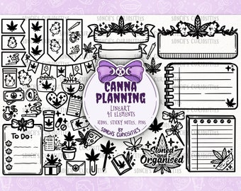 Cannabis  planning  Lineart - digital planner clipart, icons with sticky notes, pastel goth style, stoner