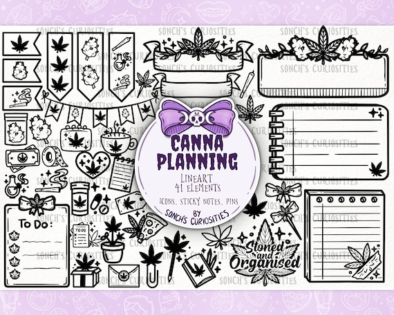 Cannabis  planning  Lineart - digital planner clipart, icons with sticky notes, pastel goth style, stoner