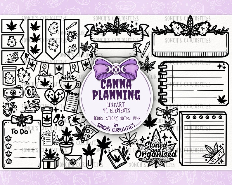 Cannabis planning Lineart - digital planner clipart, icons with sticky notes, pastel goth style, stoner image 1