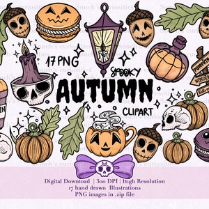 May include: A set of 17 spooky autumn themed illustrations in PNG format. The illustrations include pumpkins, skulls, acorns, a lantern, a cauldron, and a sign that says "Pumpkin Patch Wonderland".