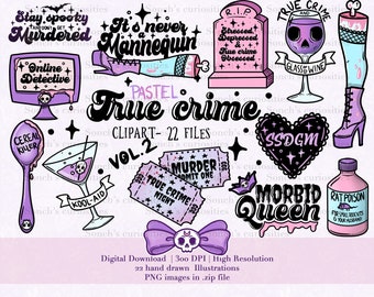 May include: A set of 22 digital illustrations in a pastel color scheme with a true crime theme. The illustrations include a glass of wine with a skull, a tombstone, a cereal bowl with a spoon, a martini glass, a heart with the text "SSDGM", a bottle of rat poison, a crown with the text "Morbid Queen", a ticket with the text "Murder Admit One", a ticket with the text "True Crime Night", a computer screen with the text "Online Detective", a pair of high heels, and a skull with a bow.