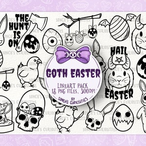 May include: A black and white line art illustration set of 18 gothic Easter themed images. The set includes a bunny rabbit, a skull, a chick, a cross, a heart, a tombstone, an egg, and more. The text "The Hunt is On" and "Hail Easter" are included in the set.