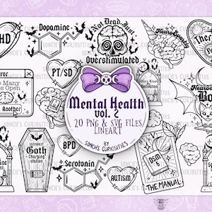 Geestelijke gezondheid: neurospicy Goth-lineart, afdrukbare digitale download, png voor gravure, mallen maken, stickers en meer, ADHD en autisme