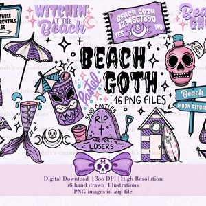 Beach / Summer PASTEL goth Clipart set , printable digital download, PNG for digital journaling, stickers